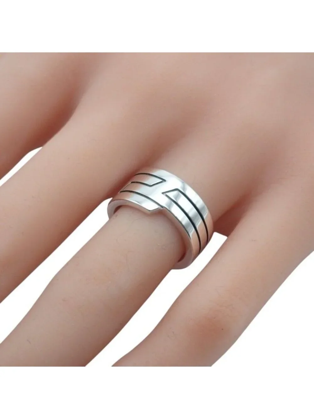 Hermes Italique Ring 50 Vintage 925 Sterling Silver Logo Black Simple Out of
